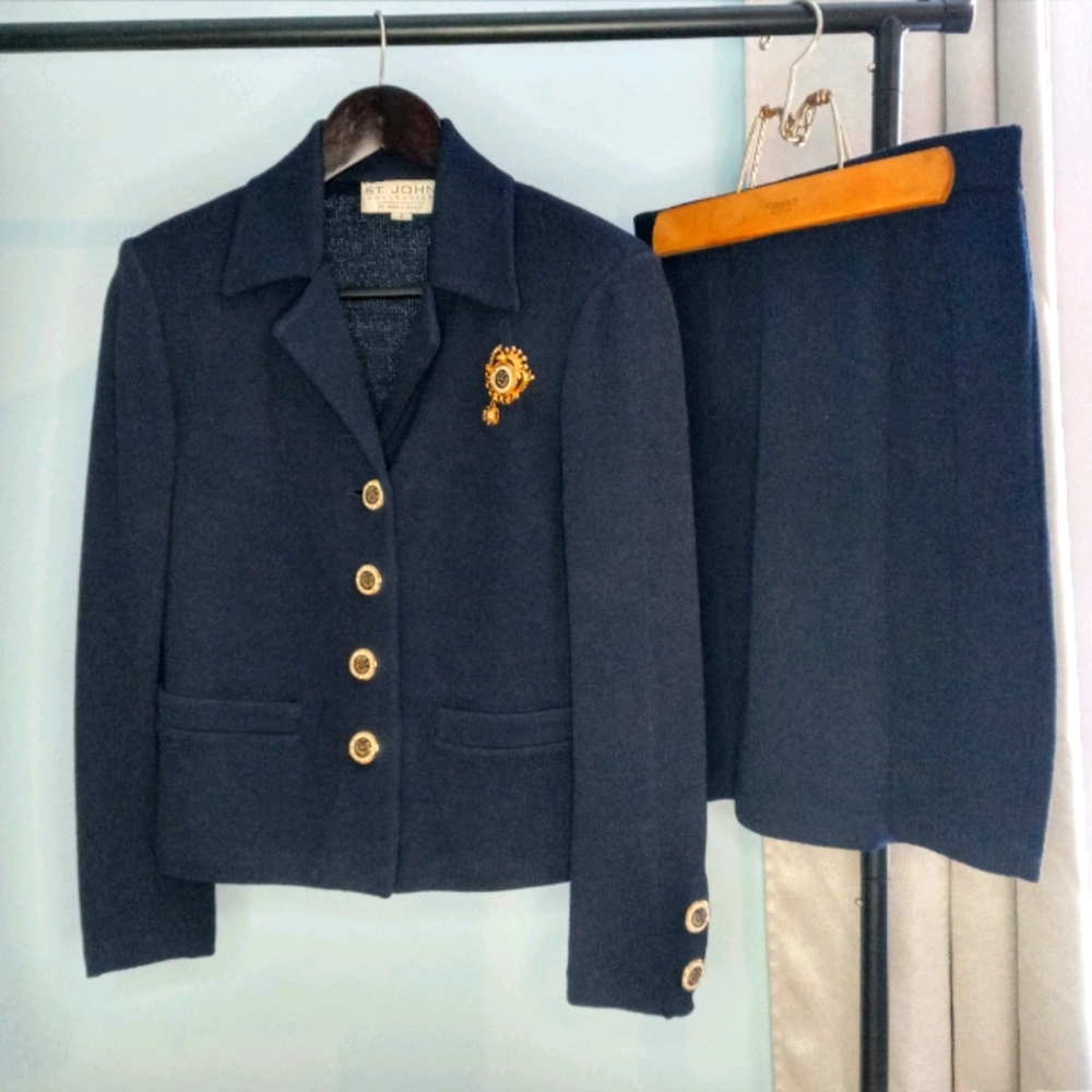 St. John Navy Knit Blazer & Skirt Set
